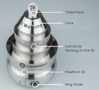 The new “smart” approach enables marking on virtually any shape or surface orientation, even marks inside holes and insets. These examples on stainless steel utilize the Coherent black marking method based on ultrashort pulse (USP) lasers